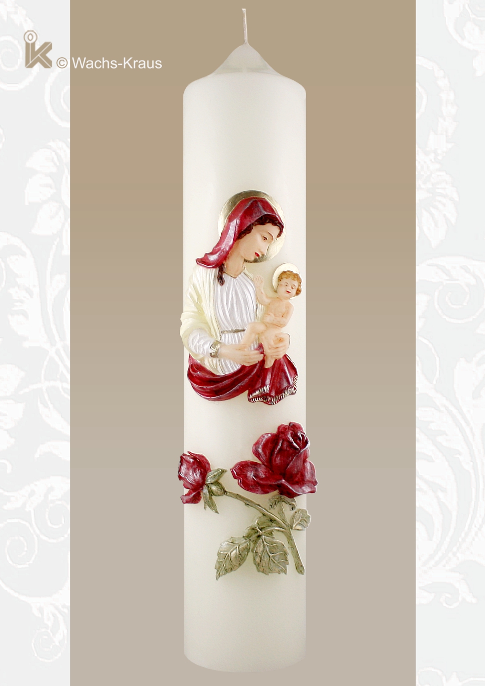 Besondere Marienkerze. Die Madonna mit Kind und die Rosen sind aufwendig modelliert und in Handarbeit bemalt. Größe 400/80 mm.