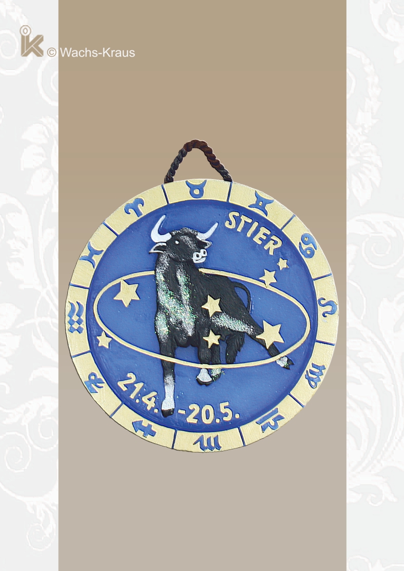 Sternzeichen Stier 21.4. - 20.5. Relief aus blauem Wachs in feinster Handarbeit bemalt mit Aufhänger oben.