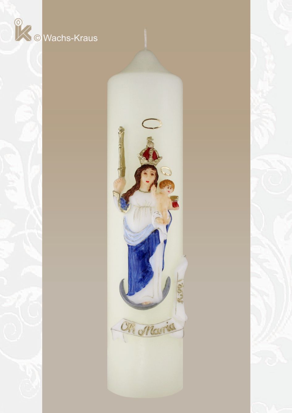 Marienkerze: oh Maria hilf. Eine schöne, aus Wachs gegossene und in Handarbeit bemalte Madonna mit Kind und zusätzlich ein Schriftband: Oh Maria hilf