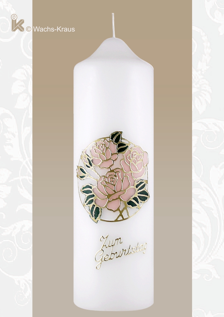 Kerze zum Geburtstag. Preisgünstig, fein verziert mit einer Rosensilhouette, die mit farbigen Wachsplatten unterlegt ist. Deutsche Qualität.