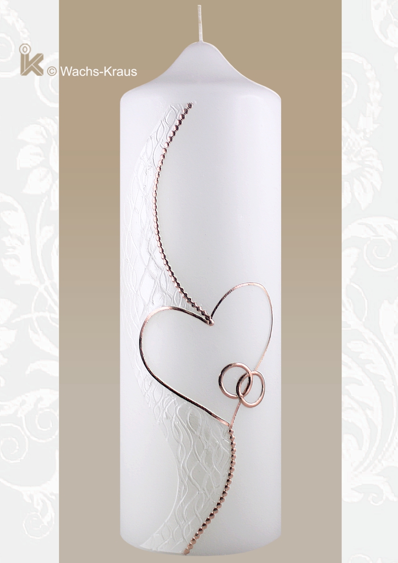 Hochzeitskerze, unaufdringlich aber sehr edel in Design und Farbe. Eine Perlmutt weiße Strukturwachsplatte harmoniert mit  Roségold.