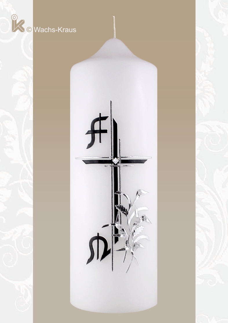Diese ausgesprochen edel designete Trauerkerze mit dem aus schwarzer Wachsplatte geschnittenen Alpha und Omega, dem Kreuz und silbernen Blumen