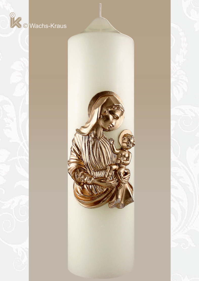 Ein Schmuckstück für jede Kapelle und Kirche ist diese Marienkerze. Die sehr plastisch modellierte Maria mit Kind auf einer Altarkerze.