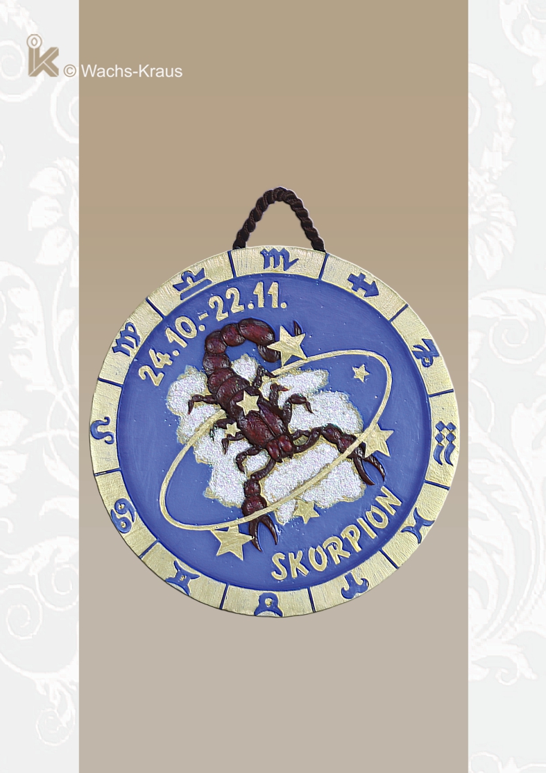 Sternzeichen Schütze 24.10. - 22.11. Relief aus blauem Wachs gegossen zum Aufhängen und in feiner Handarbeit bemalt.