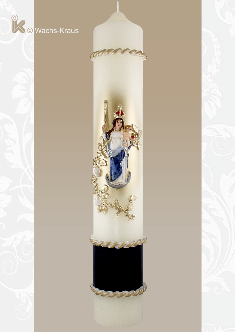 Eine unsere schönsten Marienkerzen ist die bayerische Mutter Gottes mit Krone, Zepter und dem Jesuskind auf dem Arm. Dazu eine feine Blumenranke. 