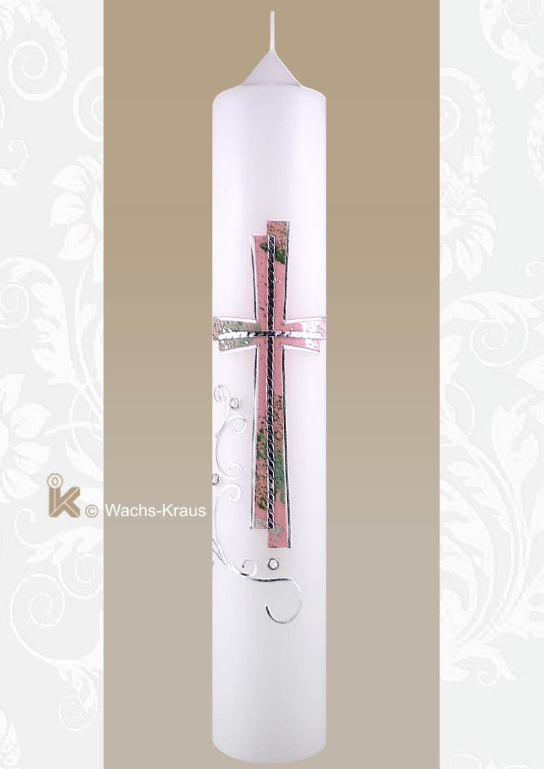 Eine Taufkerze für Mädchen in modernem Design, rosa und Silber das geteilte Kreuz, dazu eine Ranke mit Strass Steinen