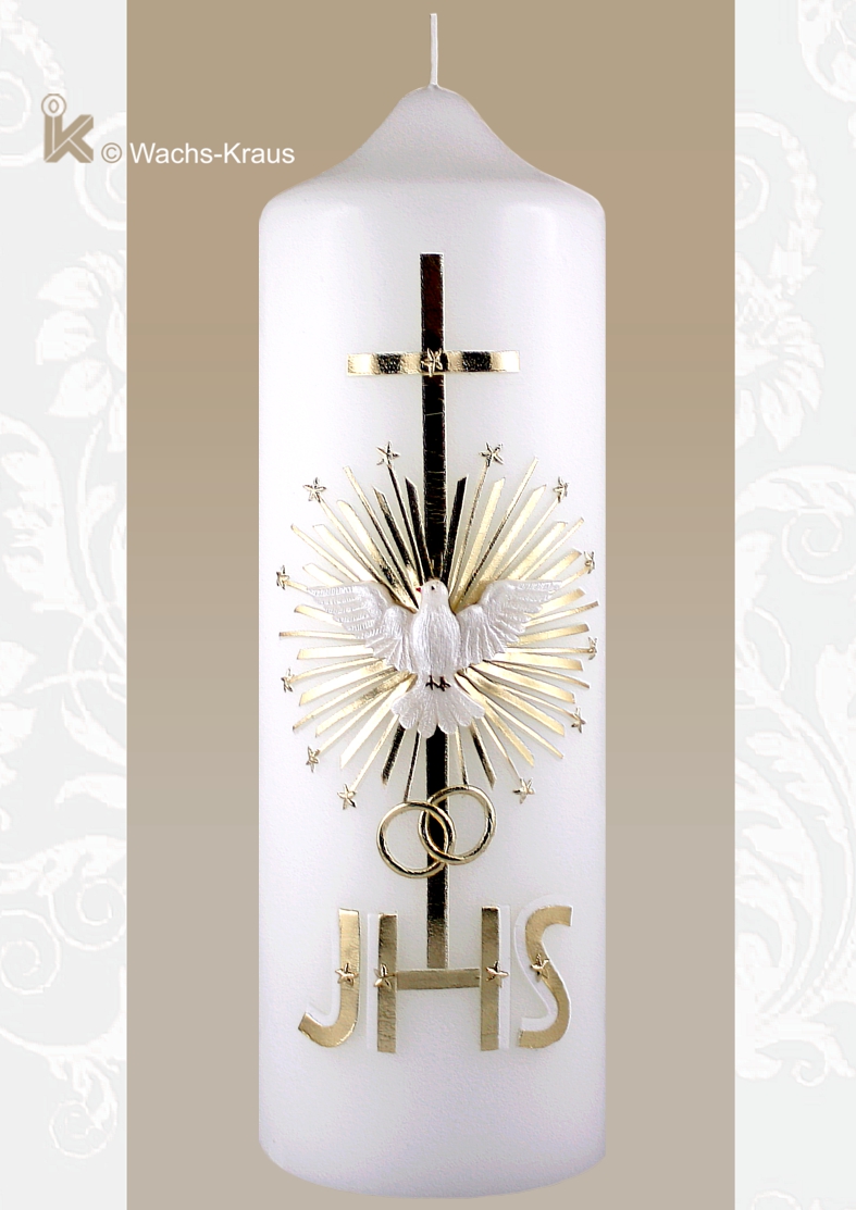 Hochzeitskerze mit einem goldenen Strahlenkreuz, einer Taube und dem altgriechischen Christus Monogramm IHS verziert. Klassisch Vintage