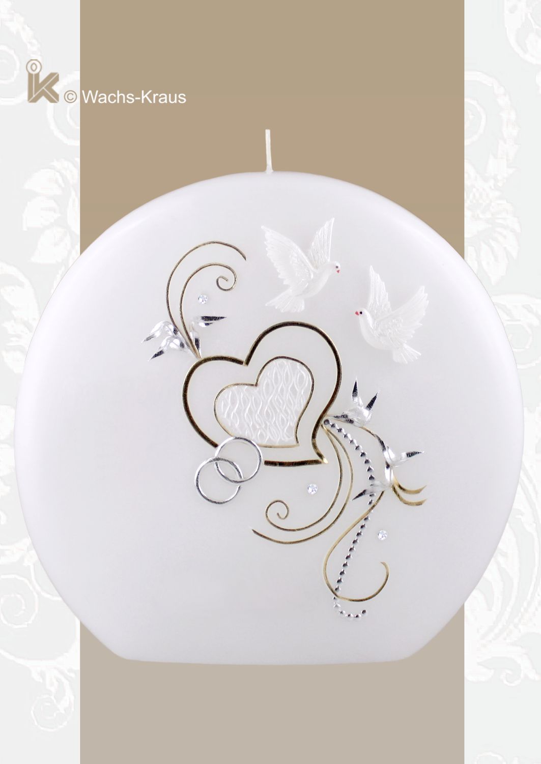 Exklusive Hochzeitskerze mit zwei Herzen, Tauben und Ringen