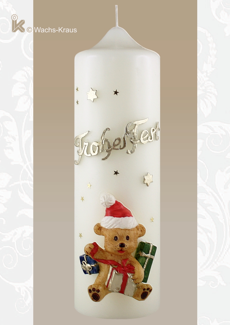 Zauberhaft kindgerechte Weihnachtskerze mit einem modellierten Bär mit Geschenken und dem Schriftzug: "Frohes Fest"