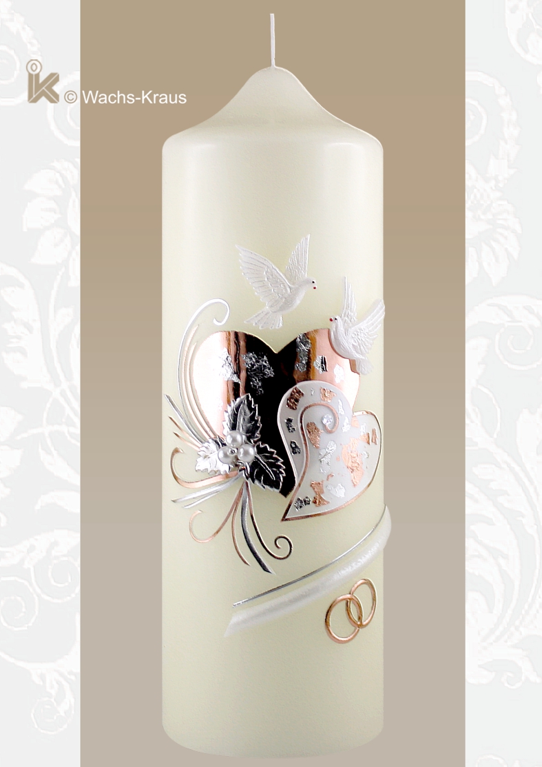 Pure Eleganz: Brautkerze cremefarben Roségold verziert in modernem Roségold und Silber. Zwei Herzen, feines, silbernes Blattwerk.