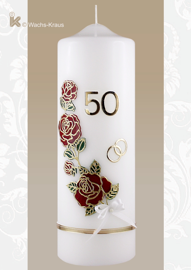 Die Zahl "50" ist 24 mm groß, die roten Rosen im Vintage Stil, goldene Ringe und eine feine goldene Abschlussborte.✔ Tolle Kerze zum Super Preis.