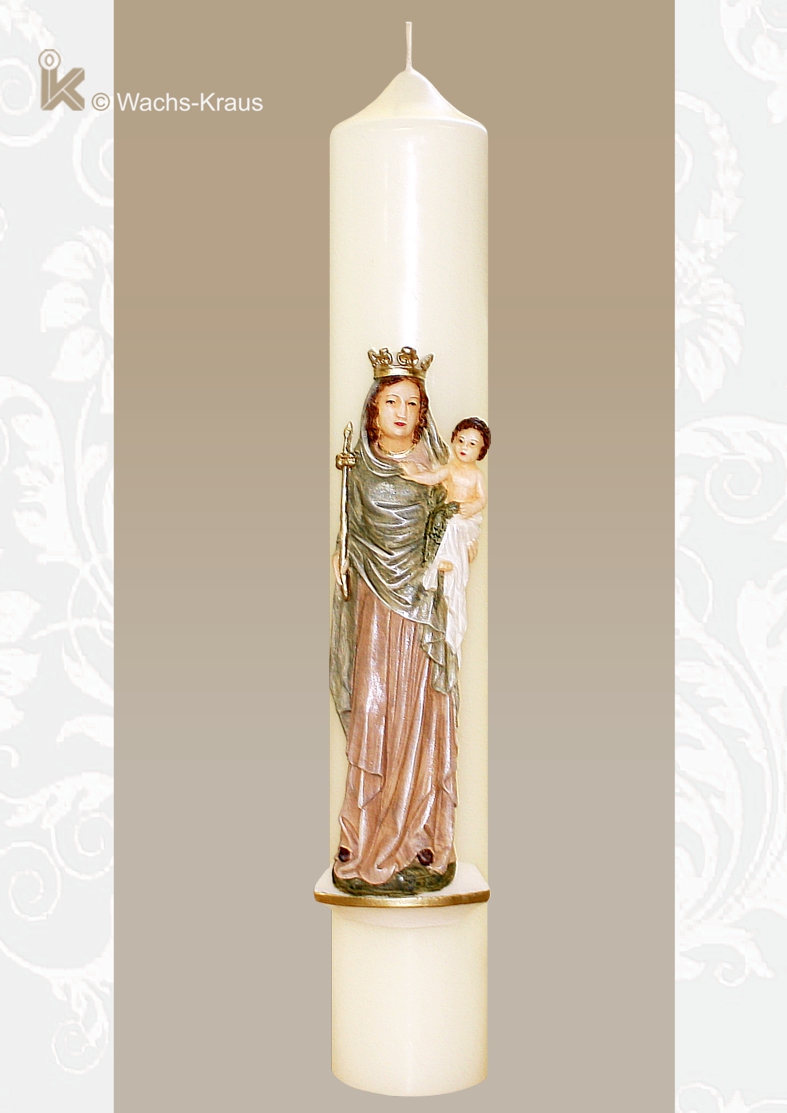 Einen stattlichen halben Meter hoch ist diese, bis ins Detail ausmodellierte und in zarten Pastelltönen bemalte Marienkerze Madonna mit Kind. 