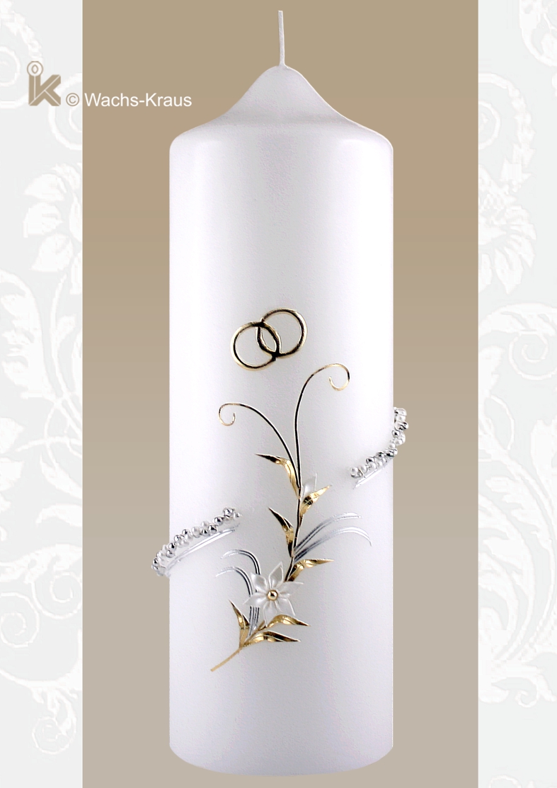 Feinste Wachsauflagen in Silber und Gold miteinander kombiniert, Wachsblüten. Die diagonal verlaufende Perlenkette in Silber und weiß.
