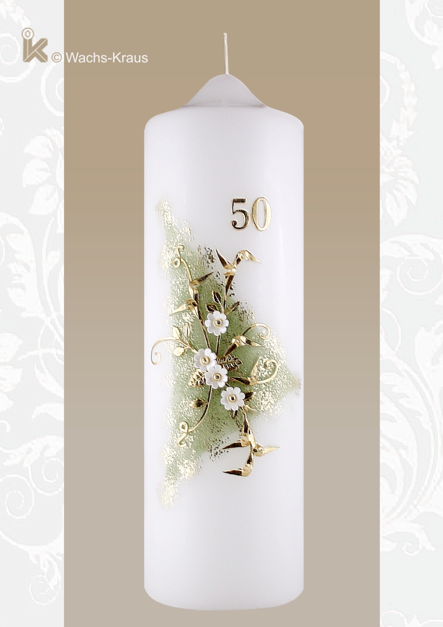 Sehr fein ausgearbeitete Kerze zur Goldenen Hochzeit mit Blumenstrauß und Zahl, grün untermalt.