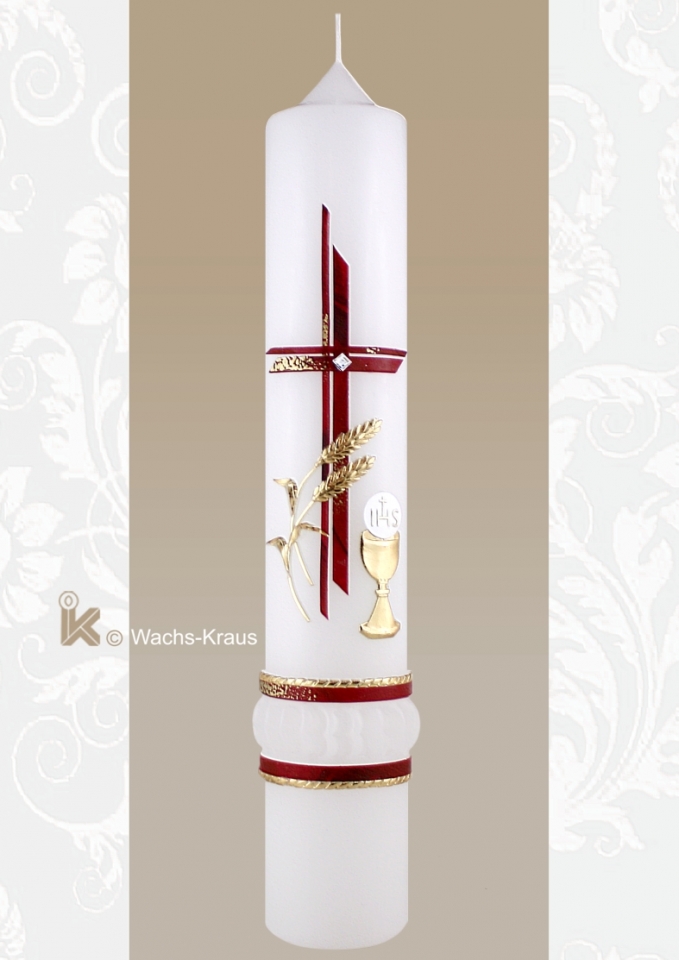 Schöne Kommunionkerze für Mädchen mit Kreuz & Kelch