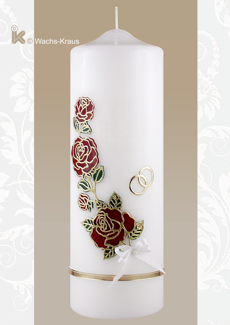 Schön gestaltete Hochzeitskerze zu einem unschlagbaren Preis. Die Silhouette einer Rose mit Wachsplatten unterlegt, dazu eine Abschlussborte und Ringe.