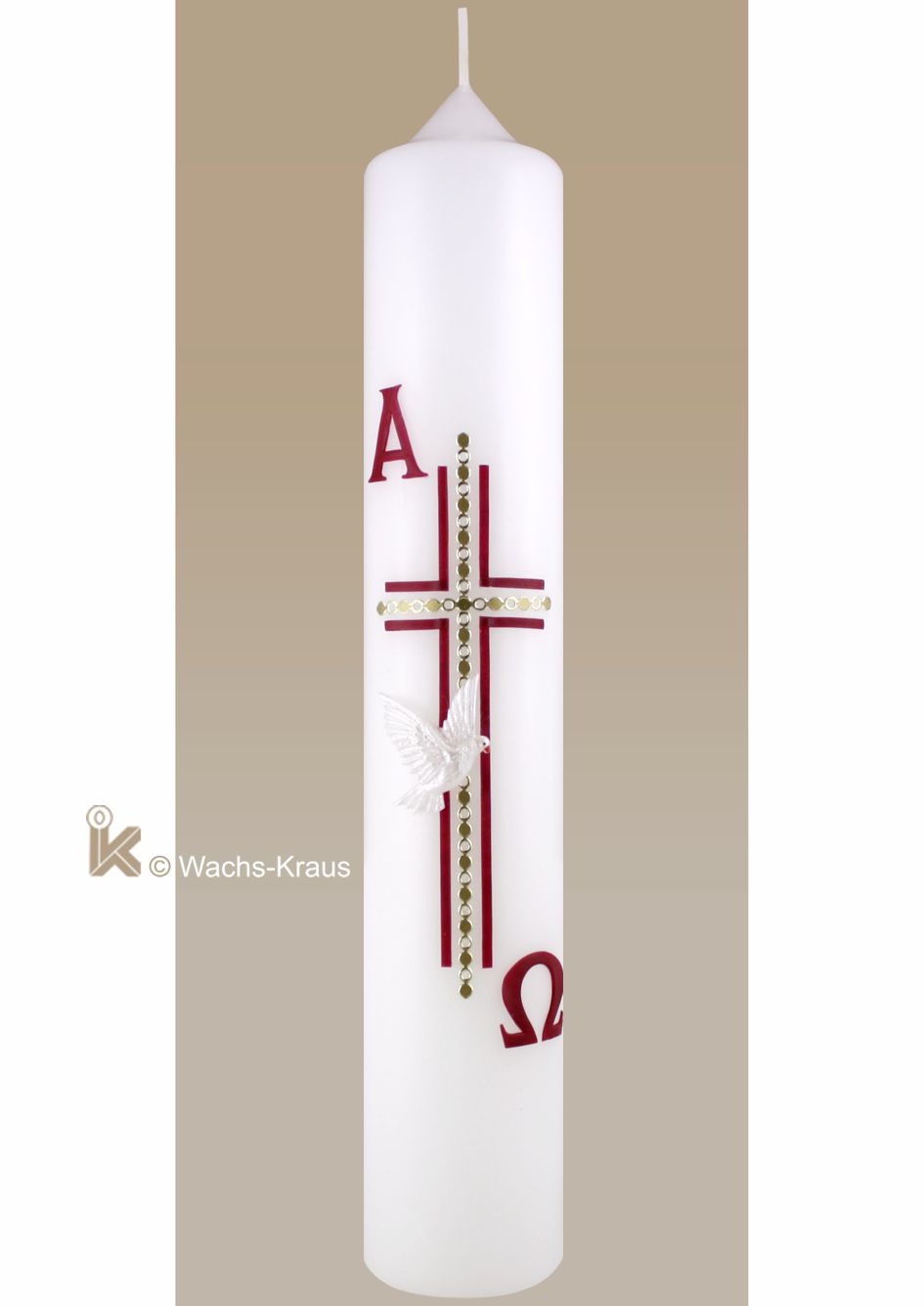 Eine sehr geschmackvoll gestaltete Taufkerze zu einem geradezu unschlagbaren Preis. Kreuz und das Alpha und Omega in kräftigem rot.