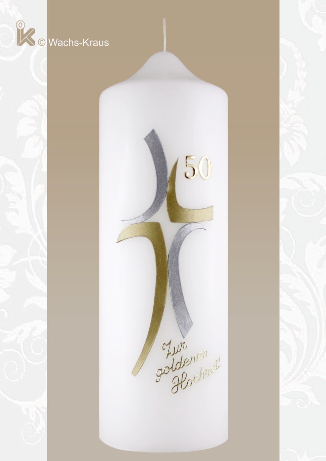 Modern im Design, klar die Linienführung und einen unschlagbaren Preis. Diese Kerze zur Goldenen Hochzeit in Gold-silber Kombination.